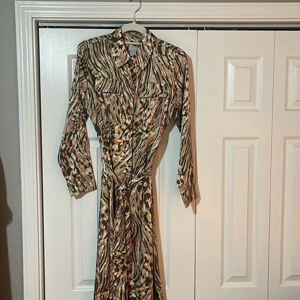 Chico's Maxi Shirt Dress Utility Satin Animal Print Silky - Picture 9 of 10